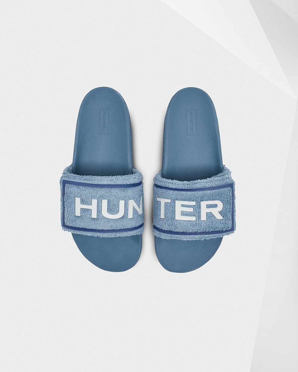 Womens Slides - Hunter Original Terry Towelling Logo Adjustable (69ZRJCVSQ) - Blue